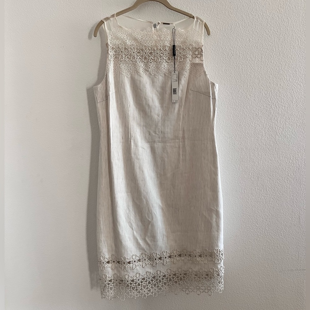 Elie Tahari Cream Sleeveless Midi Lace-Trim Shift Dress